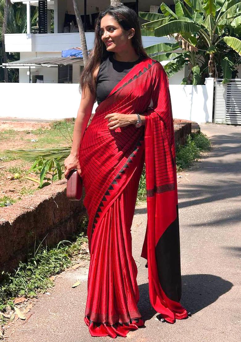 Red Printed Silk Saree Set