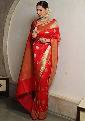 Red Woven Banarasi Silk Saree Set