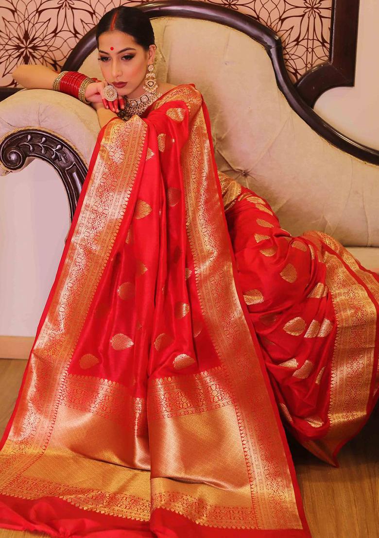 Red Woven Banarasi Silk Saree Set