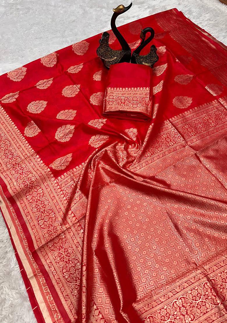 Red Woven Banarasi Silk Saree Set