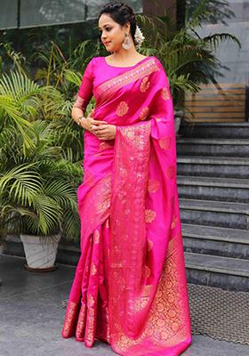 Pink Woven Banarasi Silk Saree Set
