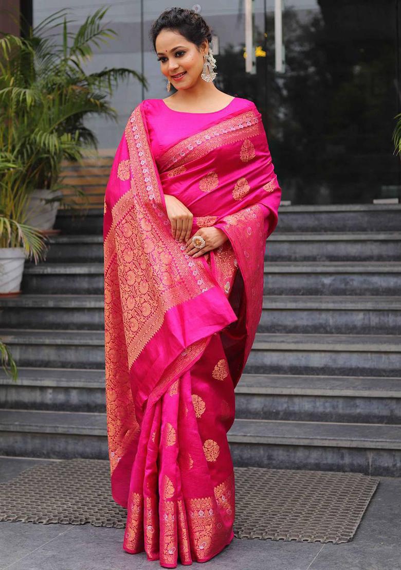 Pink Woven Banarasi Silk Saree Set