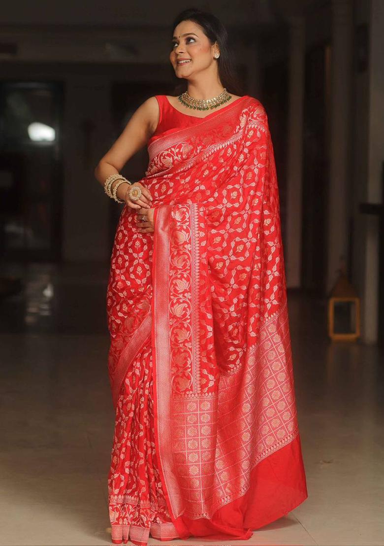 Red Woven Banarasi Silk Saree Set