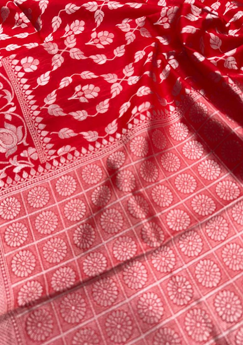 Red Woven Banarasi Silk Saree Set