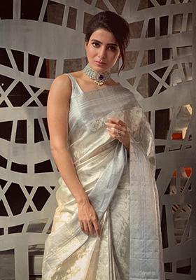 Off White Woven Art Silk Saree Set