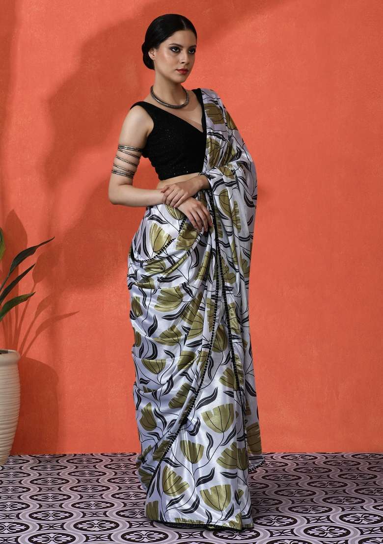 White Printed Chinon Saree Set - Indya