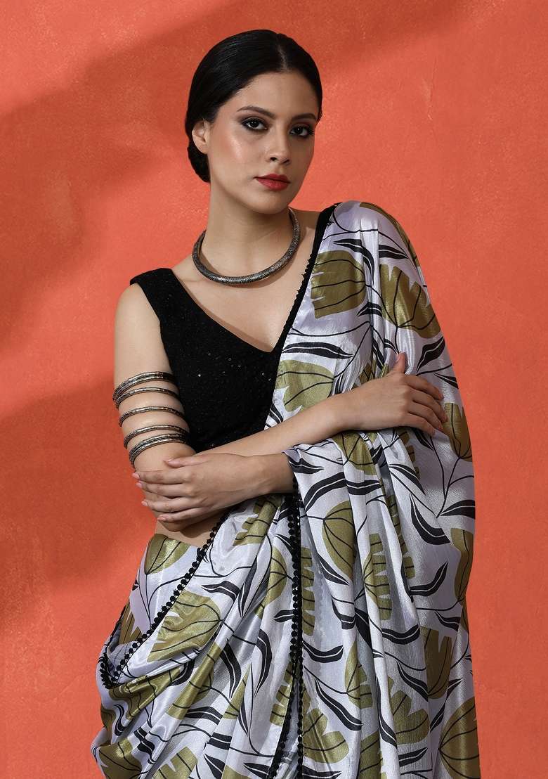 White Printed Chinon Saree Set - Indya