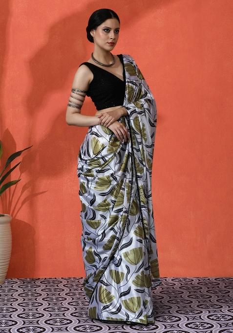 White Printed Chinon Saree Set