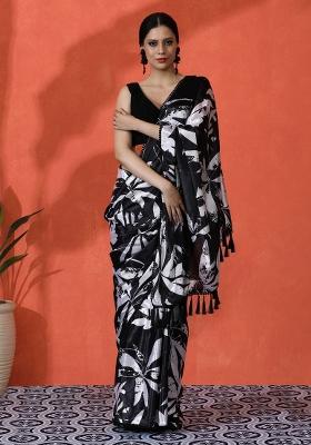 Black Printed Chinon Saree Set