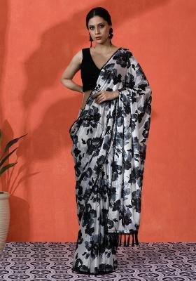 Black Printed Chinon Saree Set