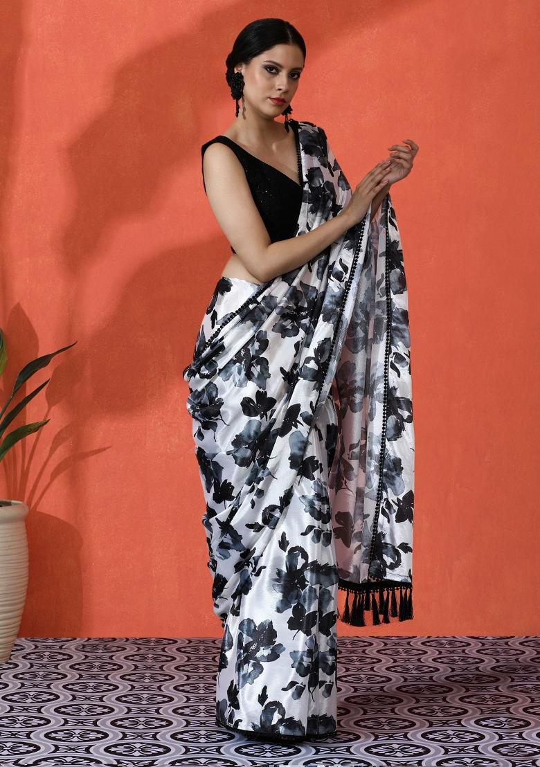 Black Printed Chinon Saree Set