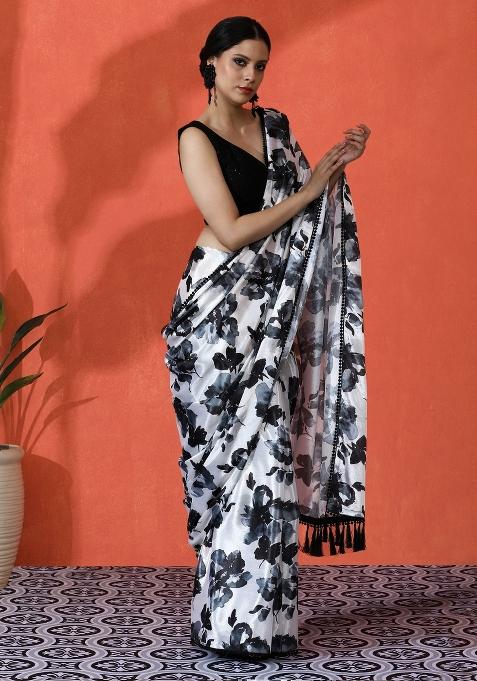Black Printed Chinon Saree Set