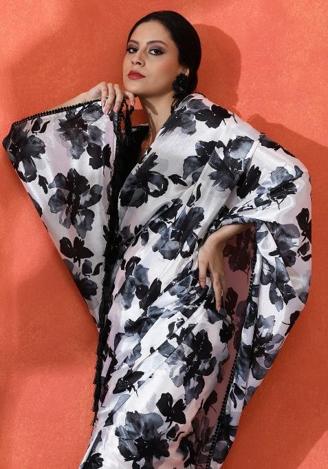 Black Printed Chinon Saree Set