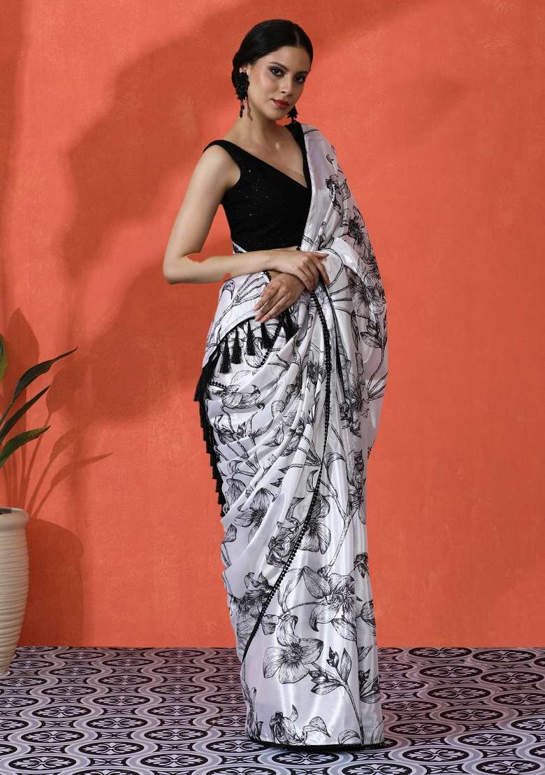White Printed Chinon Saree Set - Indya