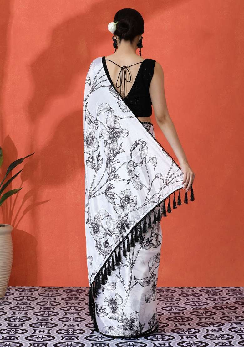 White Printed Chinon Saree Set - Indya