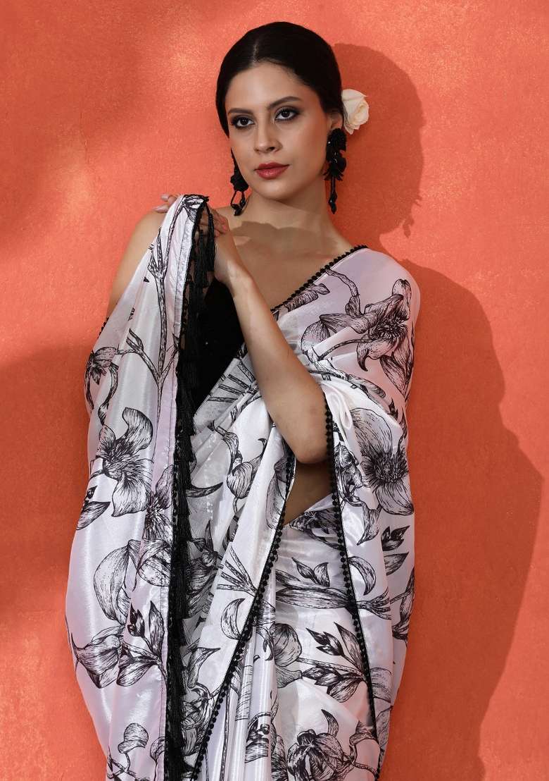 White Printed Chinon Saree Set - Indya