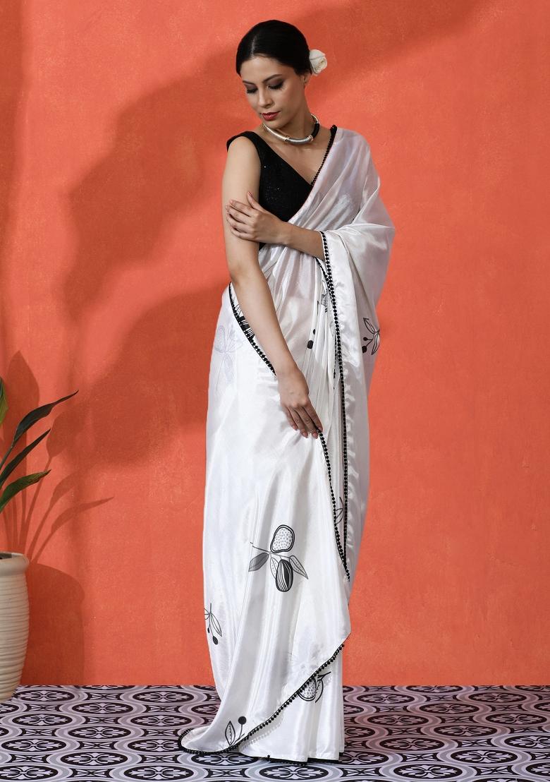 White Printed Chinon Saree Set