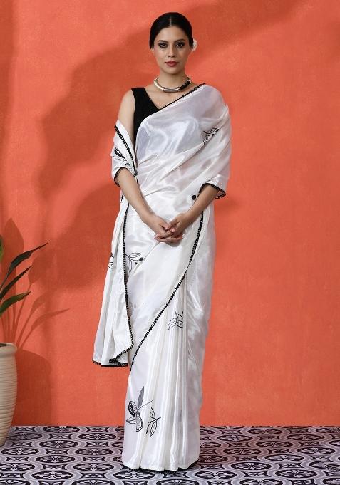 White Printed Chinon Saree Set