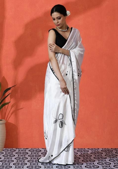 White Printed Chinon Saree Set