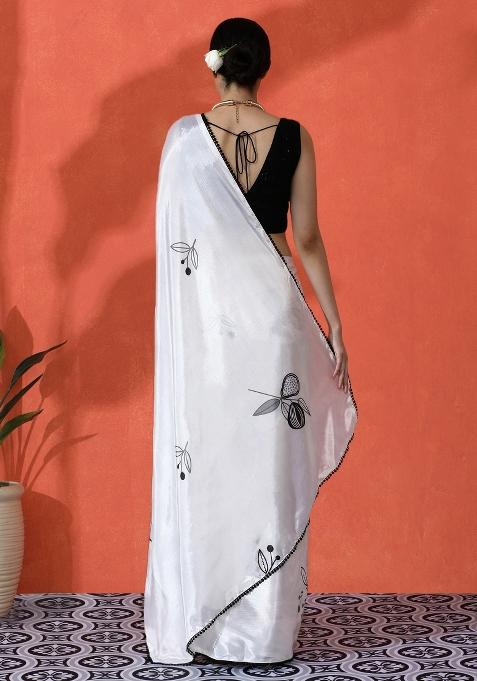 White Printed Chinon Saree Set