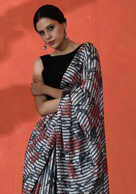 Multi Printed Chinon Saree Set