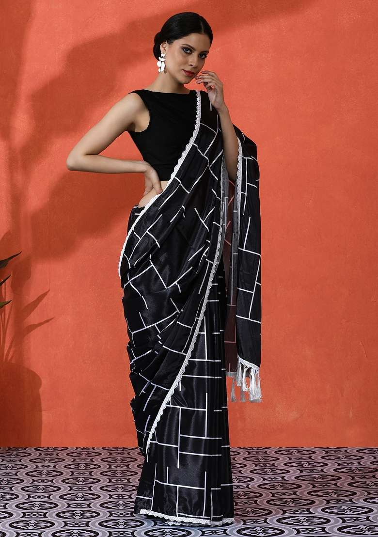 Black Printed Chinon Saree Set - Indya