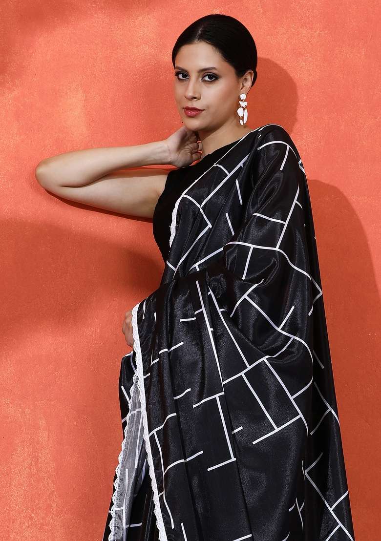 Black Printed Chinon Saree Set - Indya