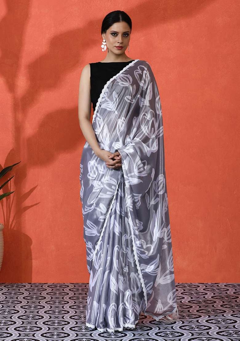 Grey Printed Chinon Saree Set - Indya
