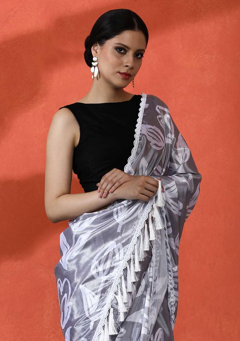 Grey Printed Chinon Saree Set - Indya