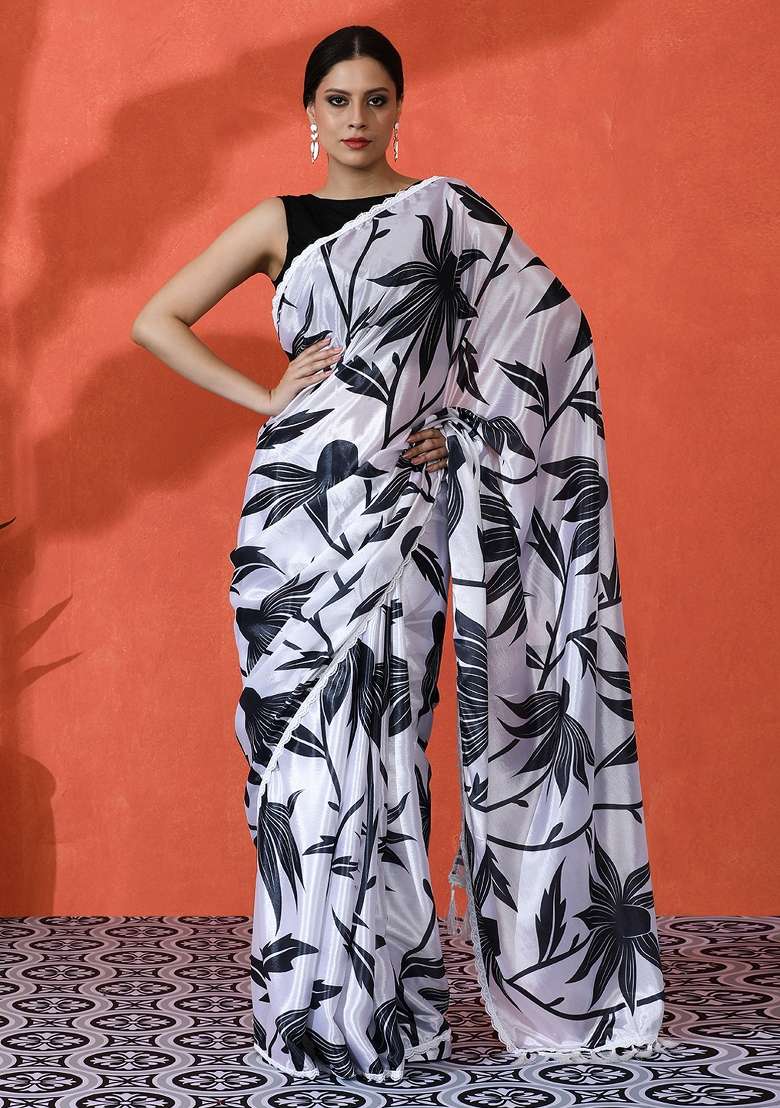 White Printed Chinon Saree Set - Indya
