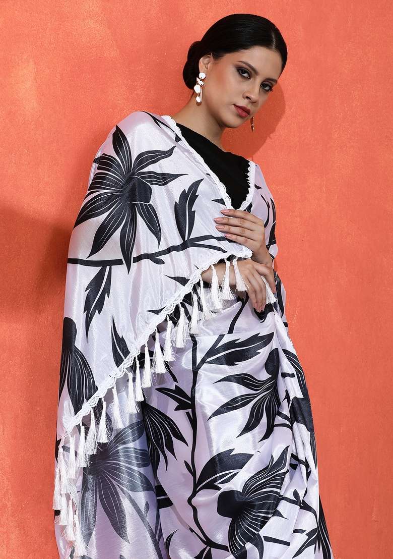 White Printed Chinon Saree Set - Indya