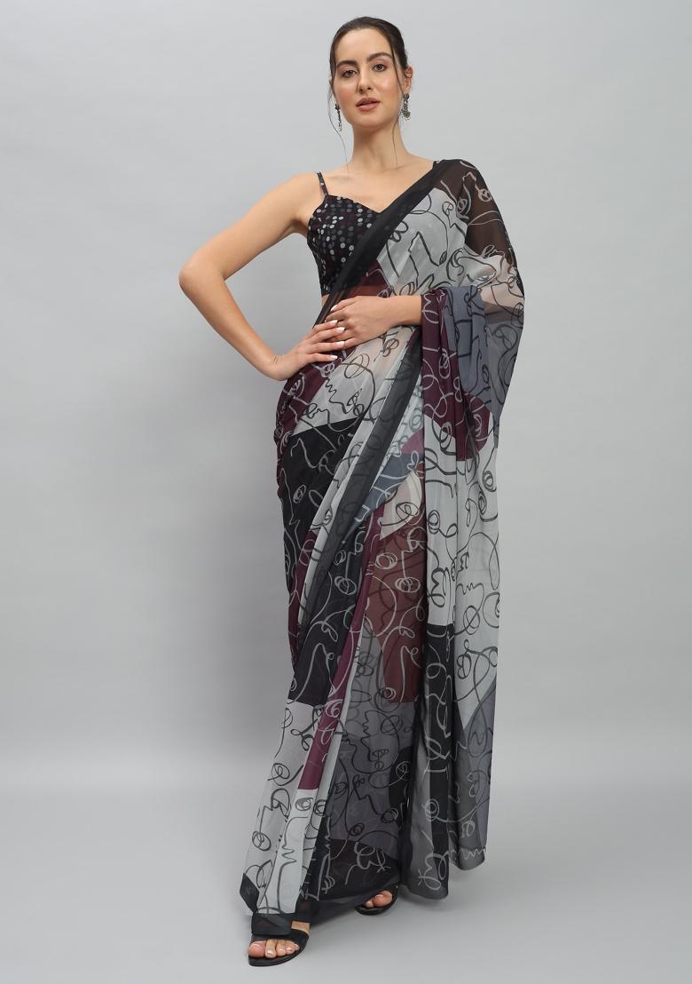 Multi Printed Georgette Saree Set