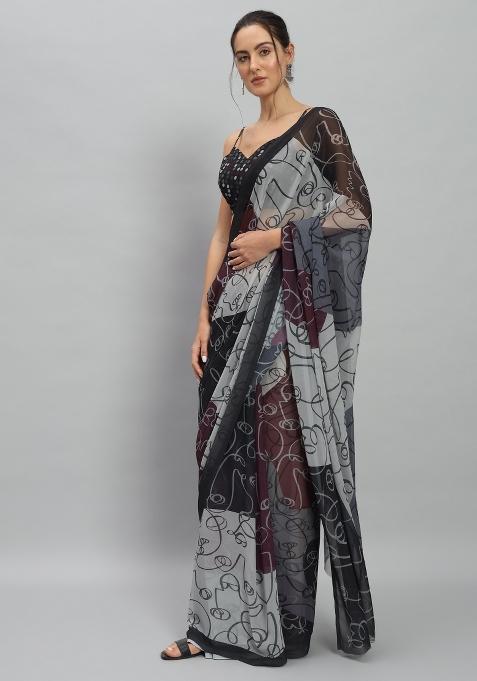 Multi Printed Georgette Saree Set