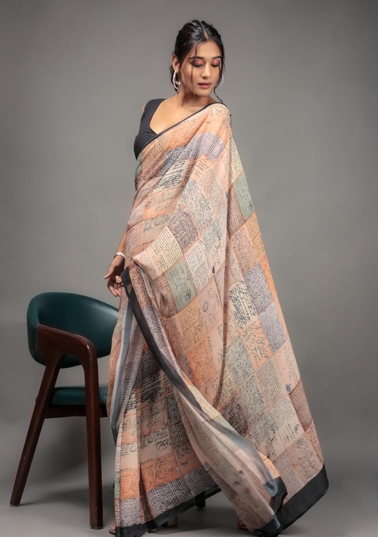 Orange Printed Georgette Saree Set