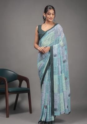 Green Printed Georgette Saree Set
