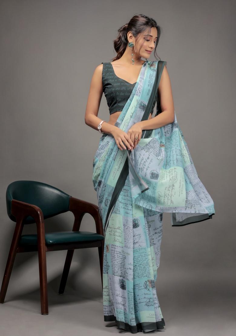 Green Printed Georgette Saree Set