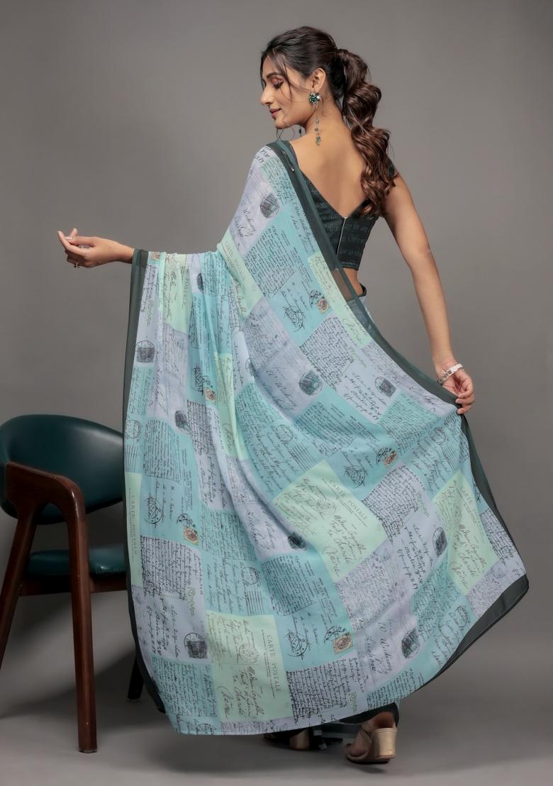 Green Printed Georgette Saree Set