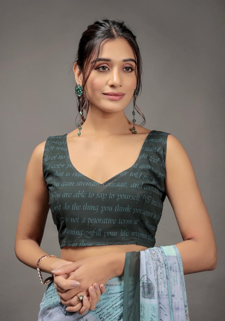 Green Printed Georgette Saree Set