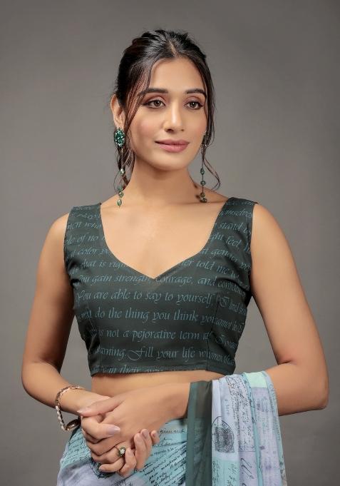 Green Printed Georgette Saree Set