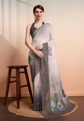 Grey Printed Georgette Saree Set