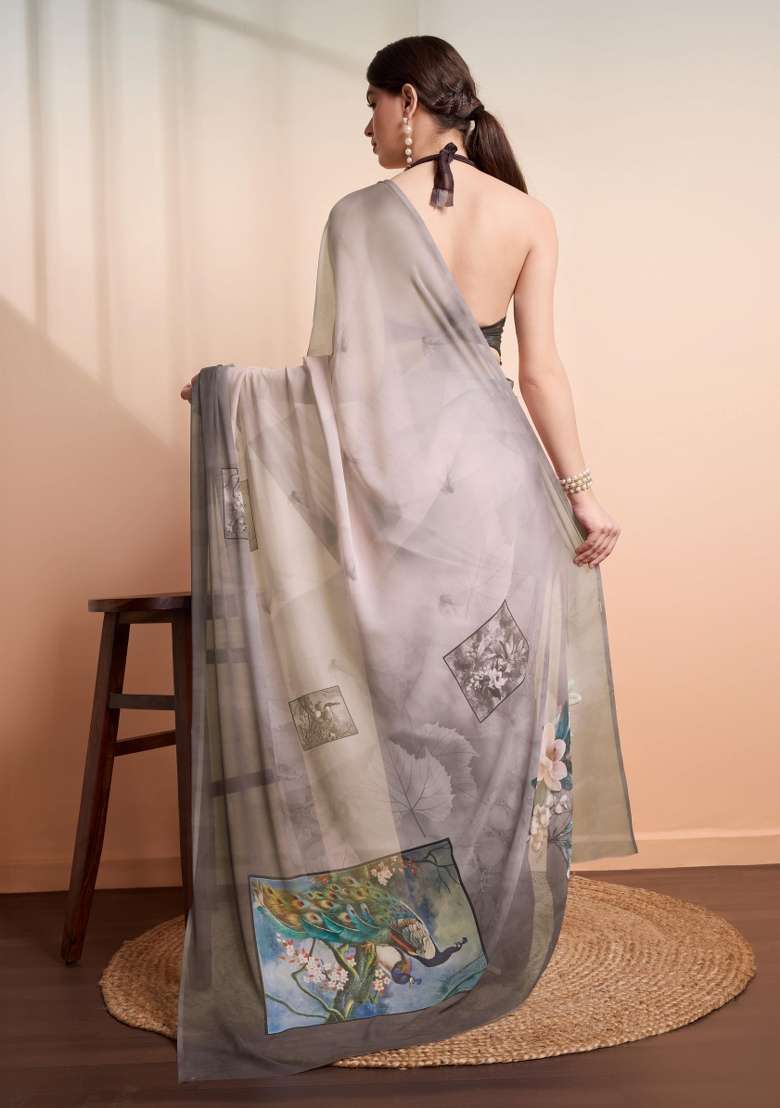 Grey Printed Georgette Saree Set - Indya