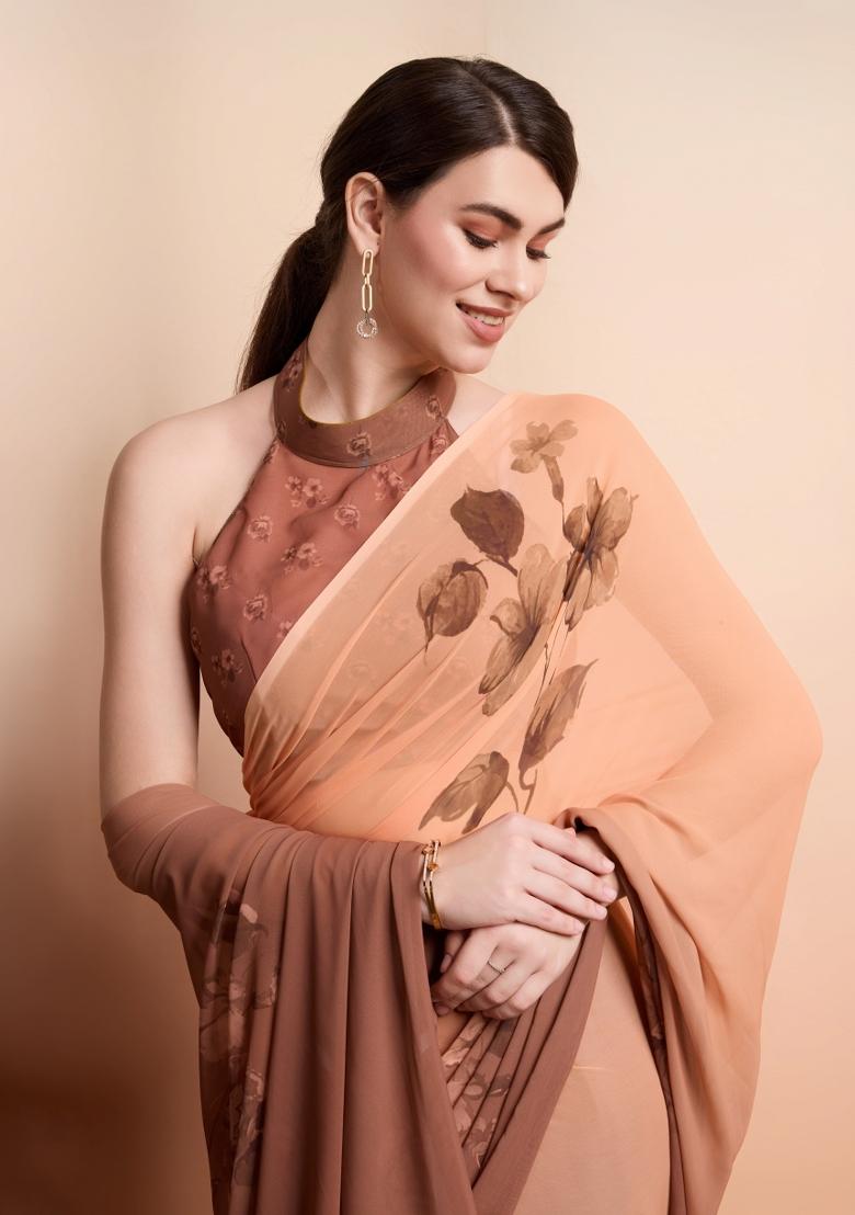 Brown Printed Georgette Saree Set