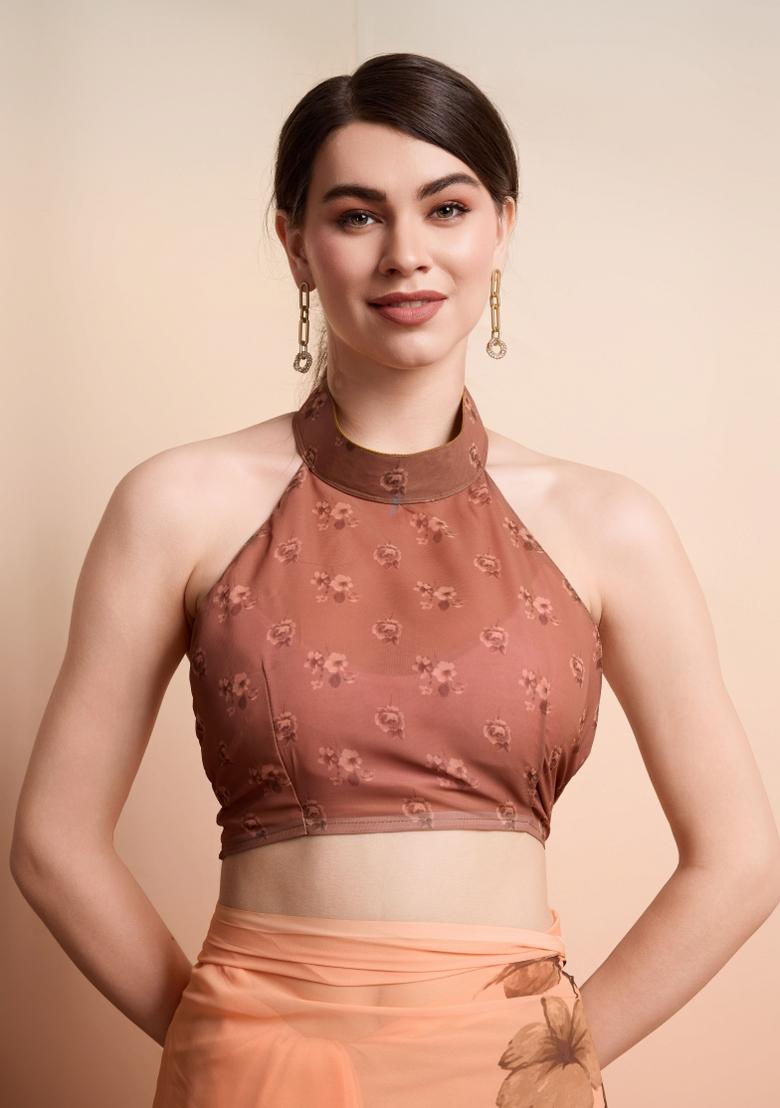 Brown Printed Georgette Saree Set