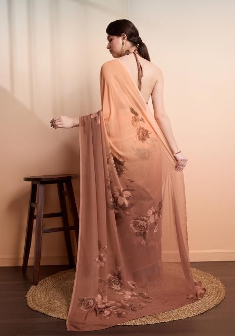 Brown Printed Georgette Saree Set