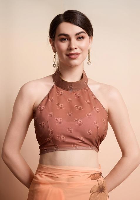 Brown Printed Georgette Saree Set