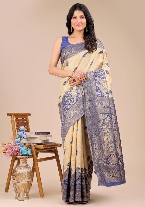 Blue Wevon Jacquard Designer Banarasi Silk Saree Set