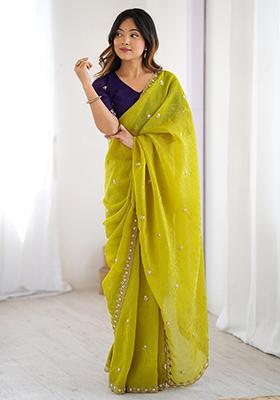 Lime Green Embroidered Chiffon Saree Set