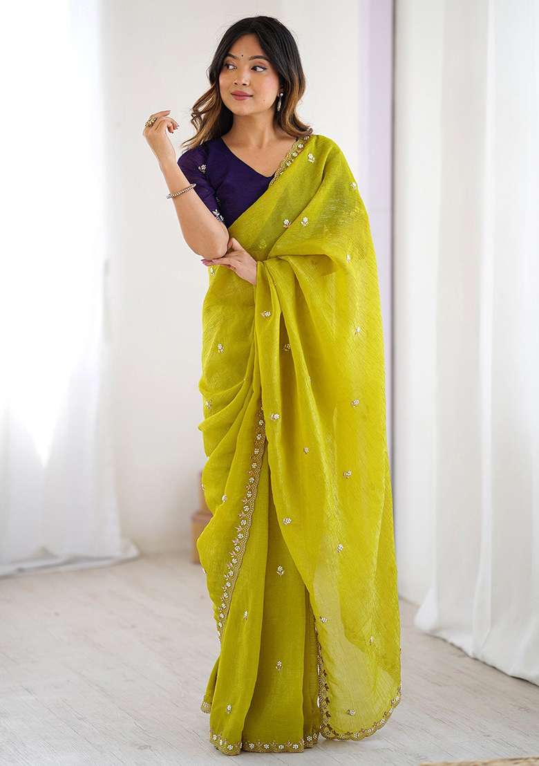 Lime Green Embroidered Chiffon Saree Set - Indya