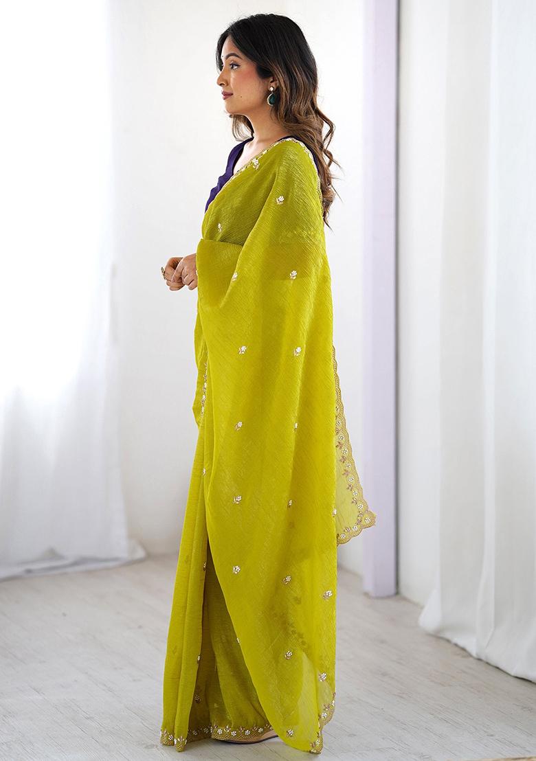 Lime Green Embroidered Chiffon Saree Set