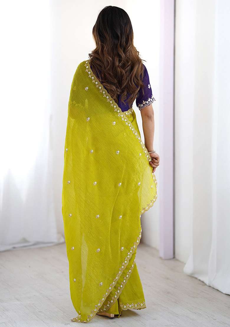 Lime Green Embroidered Chiffon Saree Set - Indya